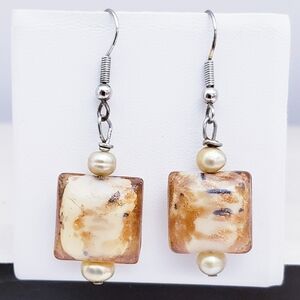 Solid Glass Tan Black White Dangly Earrings Neutral Colors